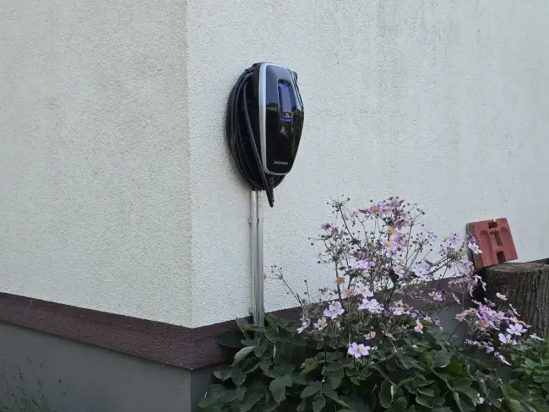 Schwarze Wallbox an einer Hauswand im Außenbereich, davor ein blühendes Beet